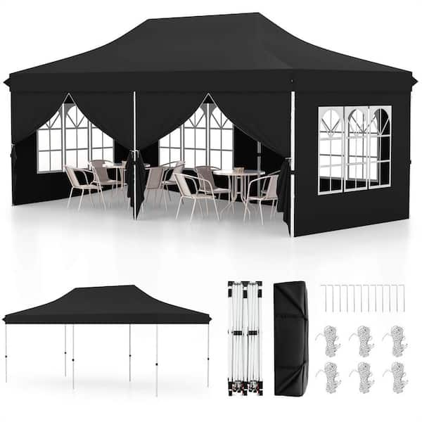 10 ft. x 20 ft. Pop up Canopy Outdoor Canopy Tent with 6-Sidewalls Carrying Bag Black