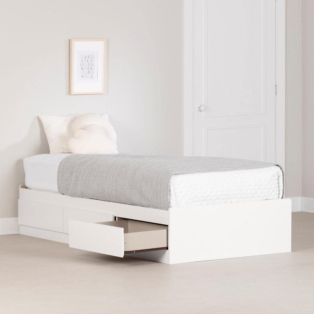 Pure White Twin Wood Platform Bed with 3 Drawers