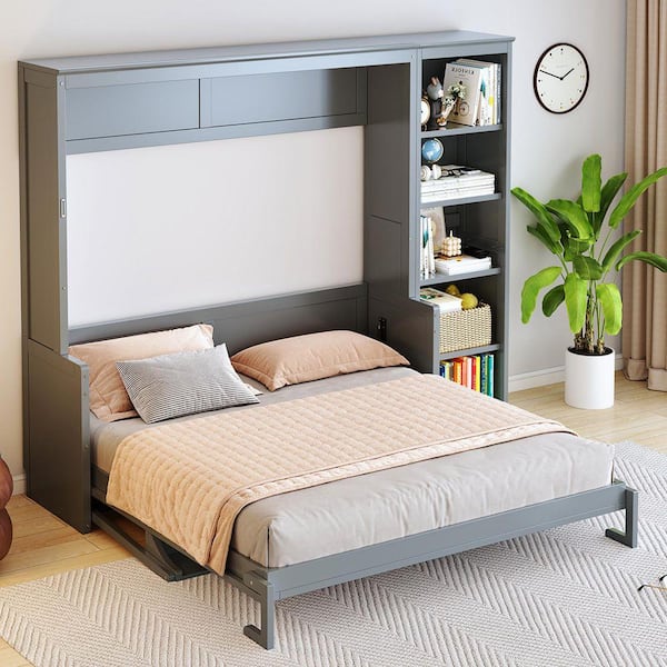 Gray Wood Frame Queen Murphy Bed with Desk and Bookshelf