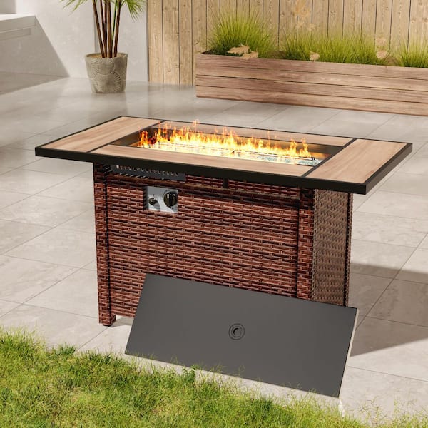 JOYESERY 45 in. Rectangle 50,000 BTU Brown Wicker Patio Fire Pit Table 1-Touch Lgnition Adjust the Flame Height