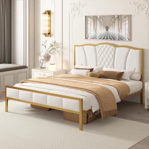 Modern Beige Golden Metal Frame Queen Size Platform Bed with Tufted Headboard and Wood Slats