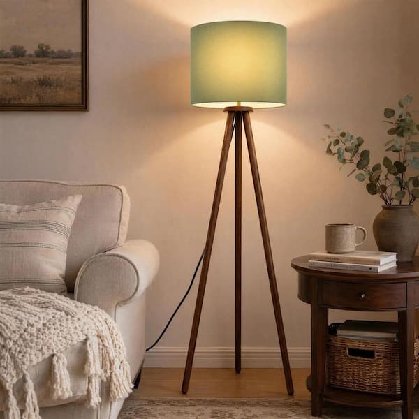 ウッドフロアライト Keazile 60.6 in. Green Linen Shade Tripod Floor Lamp with Solid