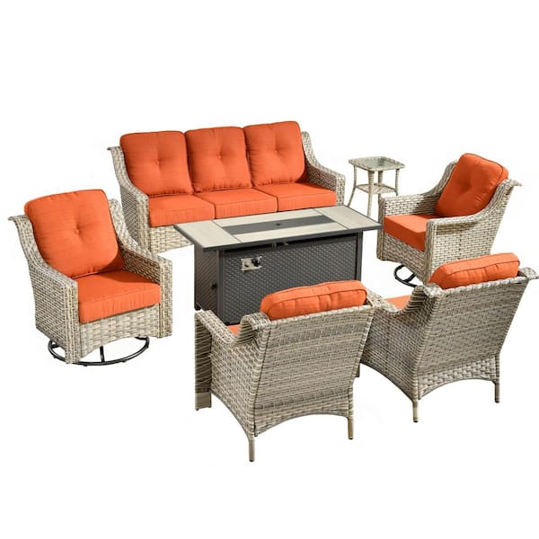 Cherry 7-Piece Wicker Outdoor Fire Pit Furniture Patio Conversation Sofa Set with Swivel Chairs and Orange Red Cushions