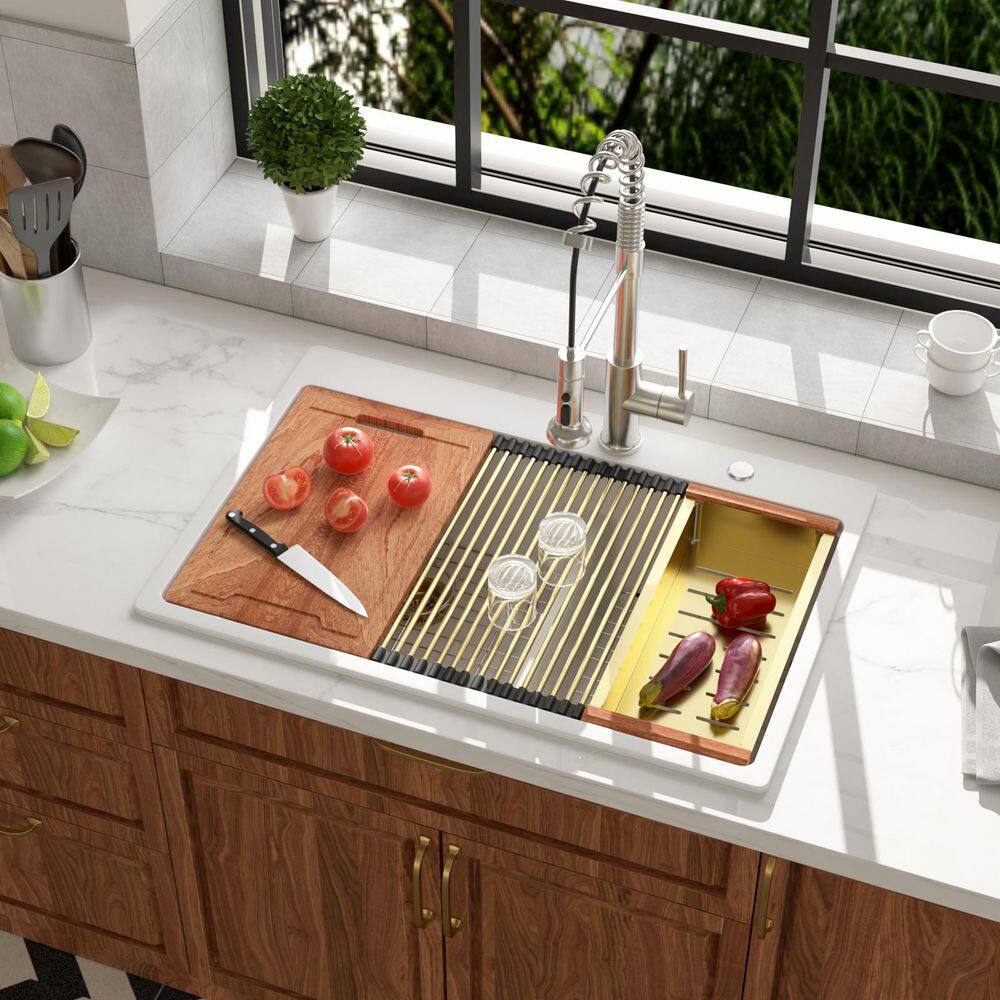 33 in. White Quartz/Granite Composite Low Divide Double Bowl (60/40) Drop-In Workstation Kitchen Sink with Accessories price history on PriceWatchPro