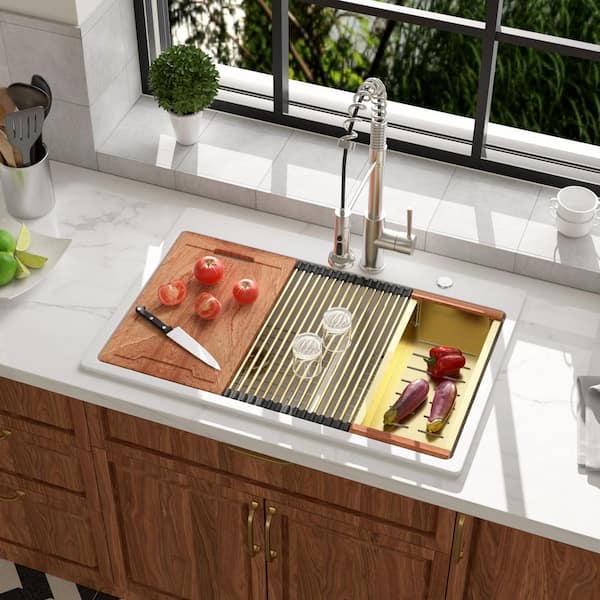 33 in. White Quartz/Granite Composite Low Divide Double Bowl (60/40) Drop-In Workstation Kitchen Sink with Accessories