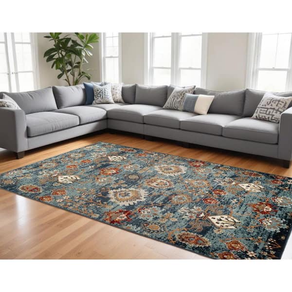 8 ft. x 10 ft. Teal Rust and Orange Oriental Power Loom Area Rug