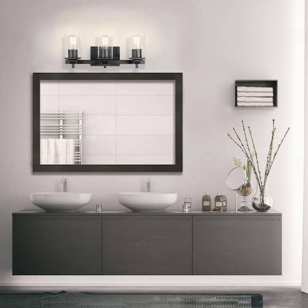 Dakota 20 in. 3-Light Modern Industrial Matte Black Bathroom Vanity Light with Seeded Glass Shades, 5-Piece Hardware Set