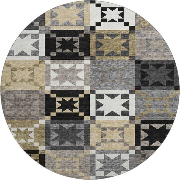 Mayfield Premium Machine Washable Abstract AMF2538 Black 8 ft. x 8 ft. Round Rug