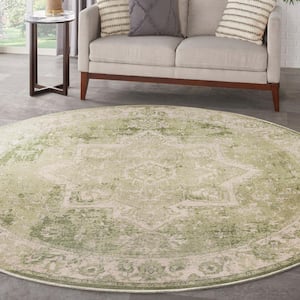 Astra Machine Washable Ivory Green 5 ft. x 5 ft. Center medallion Traditional Round Area Rug