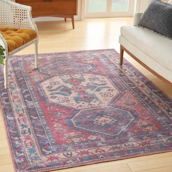 57 Grand Machine Washable Red/Navy 5 ft. x 7 ft. Bordered Transitional Area Rug