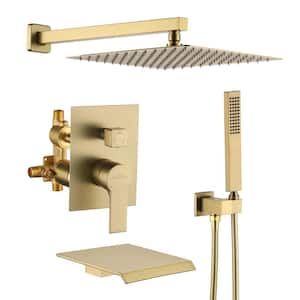 Wall Mount Single-Handle 1-Spray Tub and Shower Faucet in Brushed Gold - 12 Inch (Valve Included)