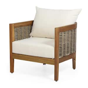 Rattler Teak Wood and Wicker Outdoor Patio Lounge Chair with Beige Cushion