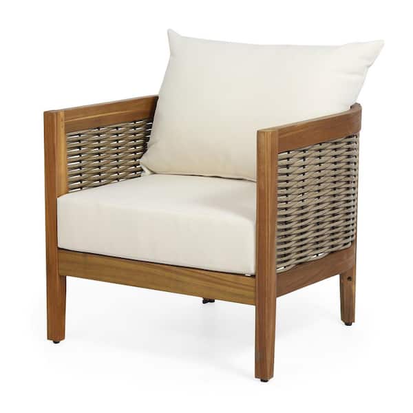Noble House Rattler Teak Wood And Wicker Outdoor Lounge Chair With Beige Cushion 94331 The
