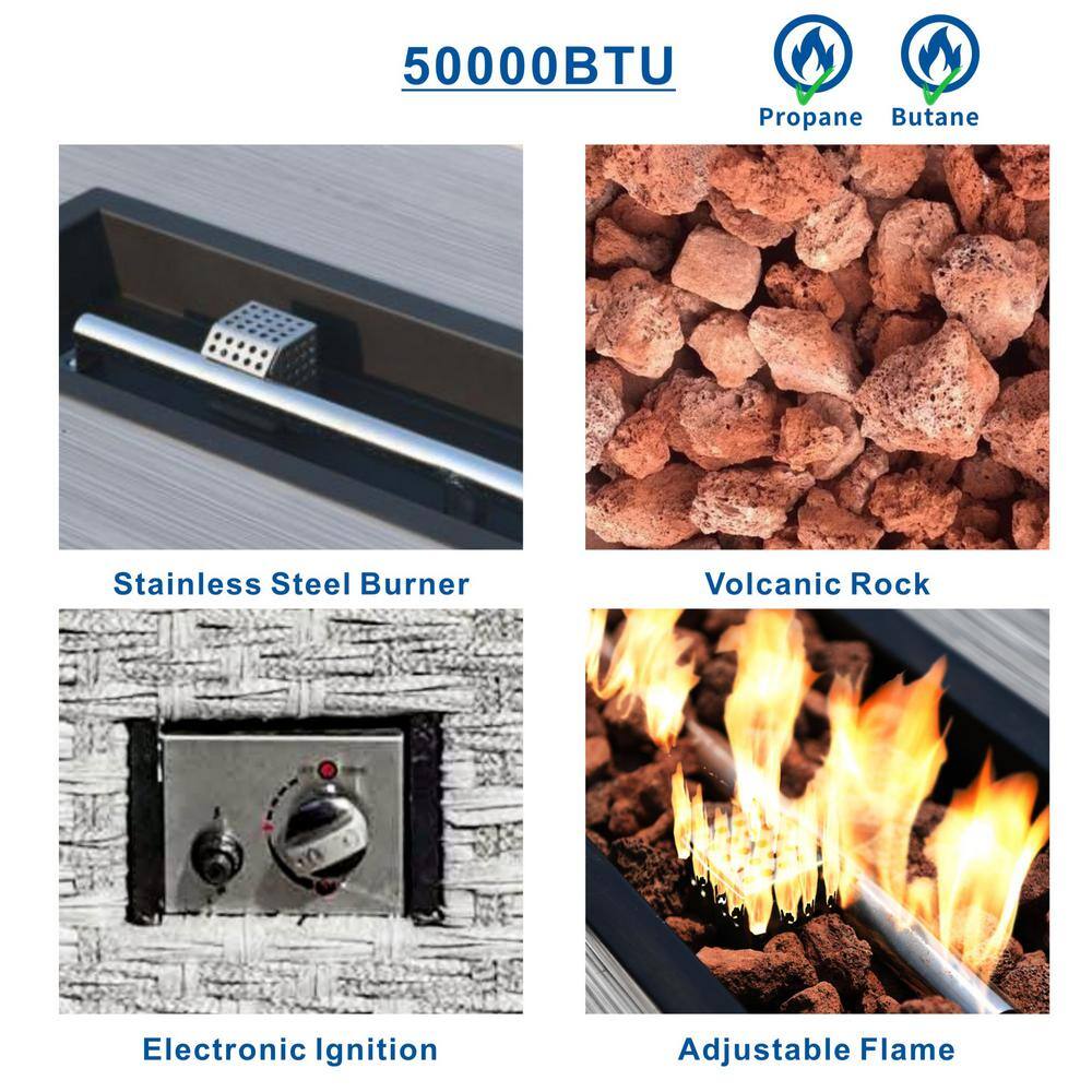 Details of the fire pit table burner, volcanic rocks, and ignition system.