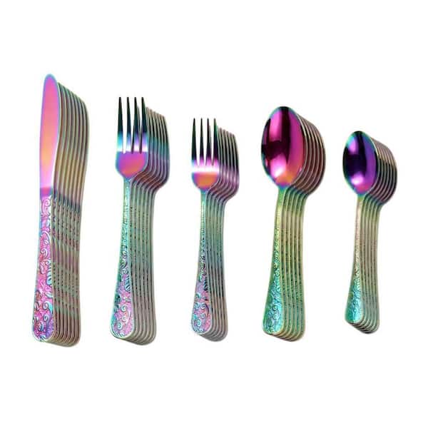 40-Piece Vintage Carved Rainbow Stainless Steel Flatware Set with Knife Fork Spoon (Service for 8), Dishwasher Safe