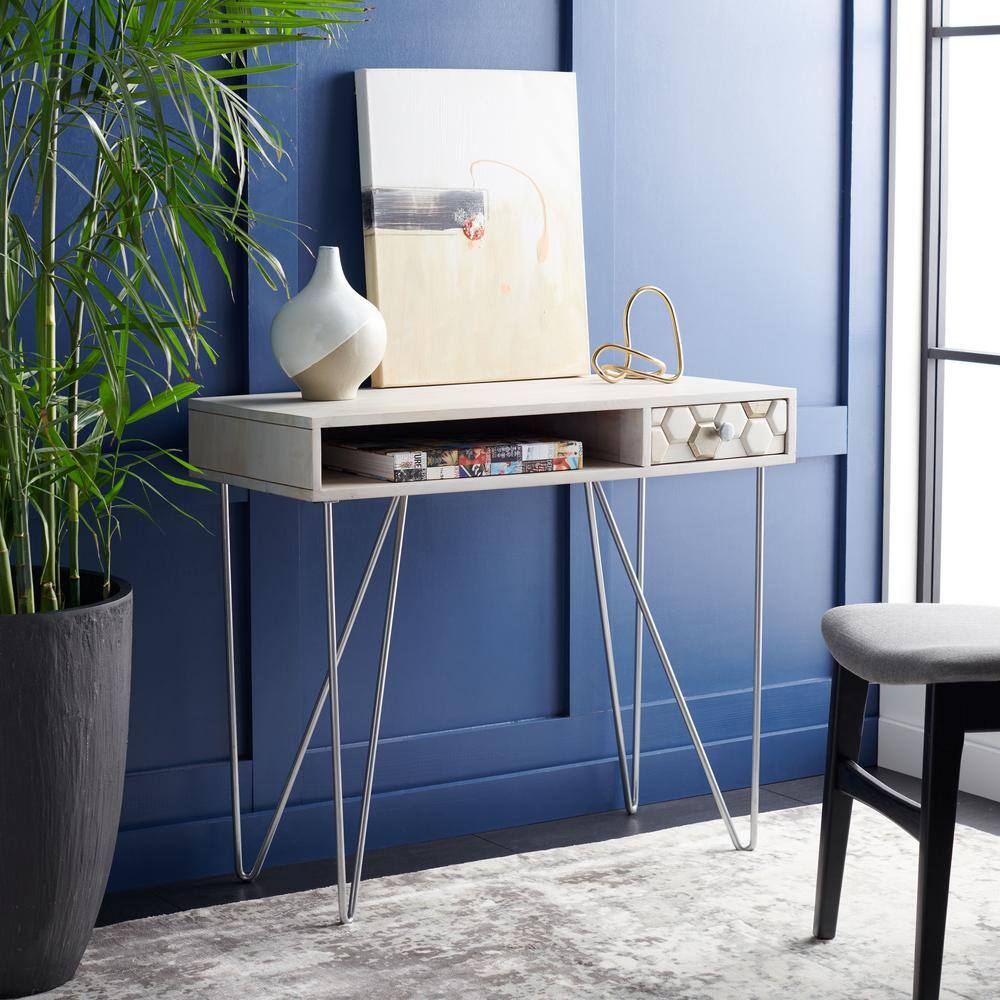 White Wood Writing Desk with Drawer and Hairpin Legs