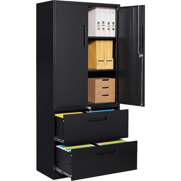 LISSIMO 31.50 in. W x 70.87 in. H x 15.75 in. D 2 Adjustable Shelves Steel Freestanding Cabinet with 2 Drawers and Lock in Black