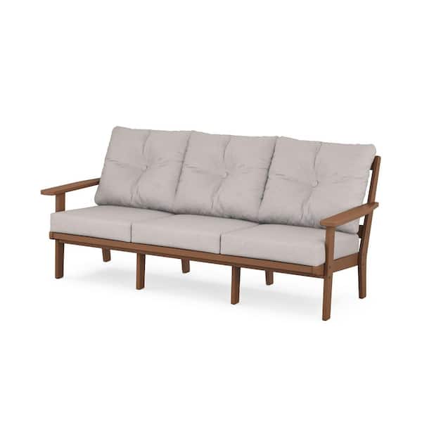 POLYWOOD Oxford Plastic Outdoor Deep Seating Couch in Teak with Dune Burlap Cushions