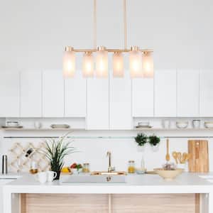 Modern Satin Gold Chandelier Linear Classic 6-Light Island Chandelier with White Frosted Glass Shades for Dining Room