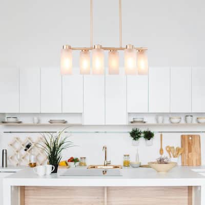 Modern Matte Brass Chandelier Linear Classic Deep Gold 6-Light Dining Room Island Chandelier with Frosted Glass Shades