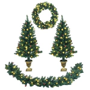 9 ft. Pre-Lit Christmas Decoration Set Artificial Christmas Garland Wreath and Entrance Trees (4-Pieces)