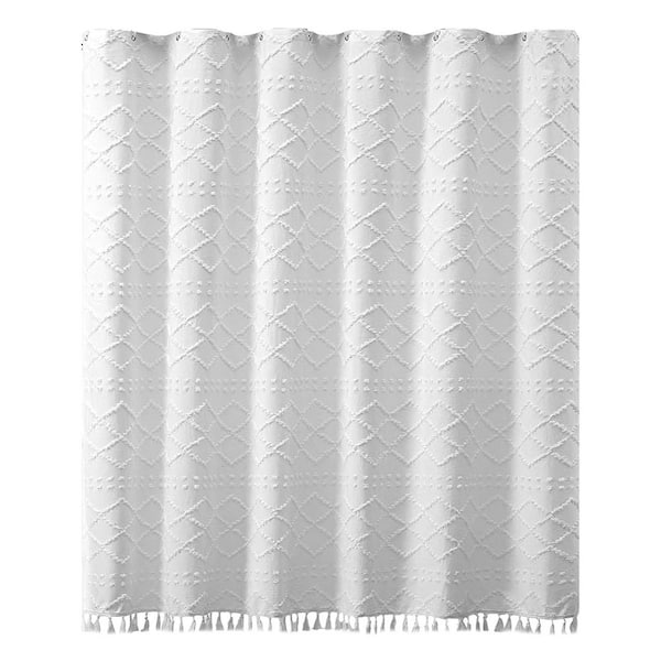 Unbranded Boho White Woven Fabric Shower Curtain with Tassel 72 x 72 Modern Farmhouse Minimalist Textured Chevron Striped PVC