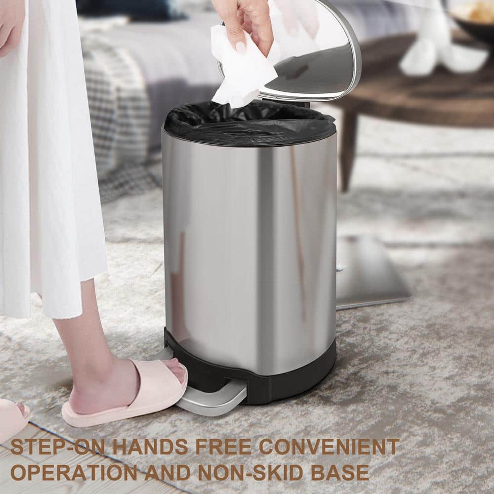 1.6 Gallon Brushed Stainless Steel Semi-Round Step-On Trash Can