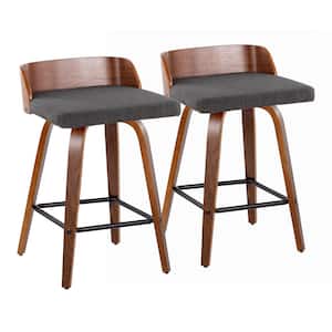 Maya 25 in. Charcoal Fabric, Walnut Wood and Black Metal Fixed-Height Counter Stool (Set of 2)