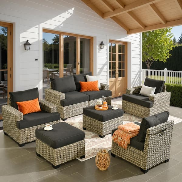 HOOOWOOO Kelleys 7-Piece Wicker Modern Outdoor Patio Conversation Sofa Seating Set with Black Cushions