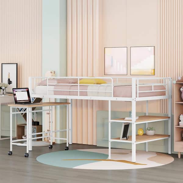 Qualler White Twin Size Metal Loft Bed with Desk and Shelves