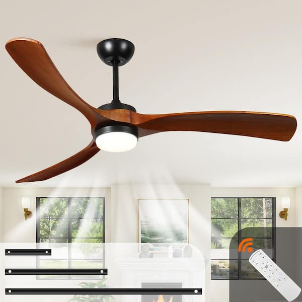 Wood Leaf Series 52 in. Smart Brown Ceiling Fan Low Profile 3-Blade Solid Wood, Warm Light LED with Remote,Downrod Mount