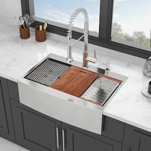33 in. Farmhouse/Apron-front Single Bowl 16 Gauge Brushed Nickel Stainless Steel Kitchen Sink with Workstation