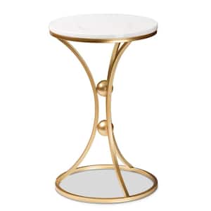 Tarmon 14 in. White and Gold Round Marble Top End Table