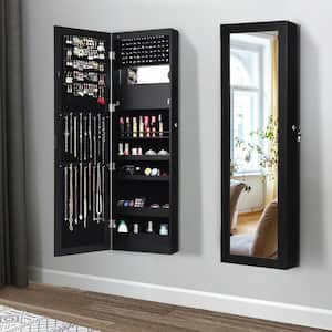 47 in. H x 14.5 in. W x 3.5 in. D Wall Door Mounted Lockable Jewelry Cabinet Armoire Organizer with LED Black