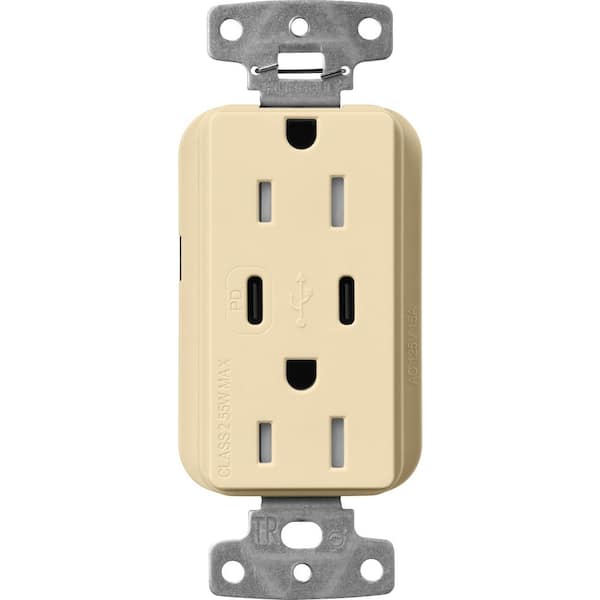 Claro 15 Amp Tamper Resistant USB Type C Duplex Receptacle, Decorator Style Outlet, Gloss Finish, CAR-15-CCTR-IV, Ivory