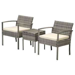 3-Piece Gray PE Wicker Patio Outdoor Conversation Set with Beige Cushions and Glass Coffee Table
