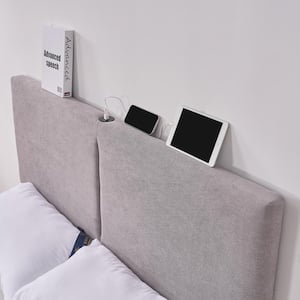 Bed Frame with Type-C and USB Ports, Upholstered Platform Height-Adjustable Cotton and Linen Headboard, Gray Full Bed