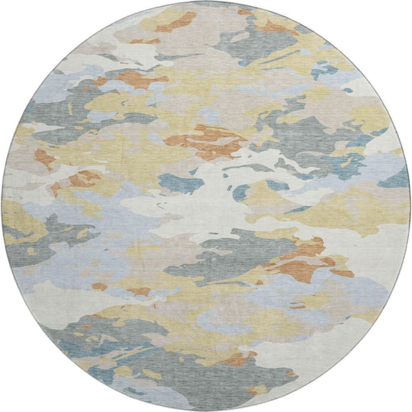 Mayfield Premium Machine Washable Abstract AMF2497 Ivory 8 ft. x 8 ft. Round Rug