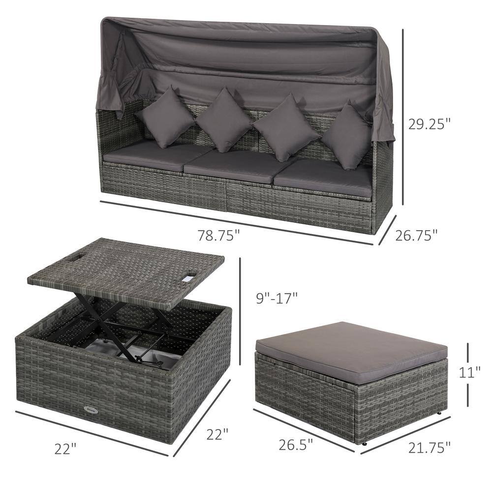 Gray Steel 4-Piece Outdoor Rattan Sofa Set with Adjustable Canopy