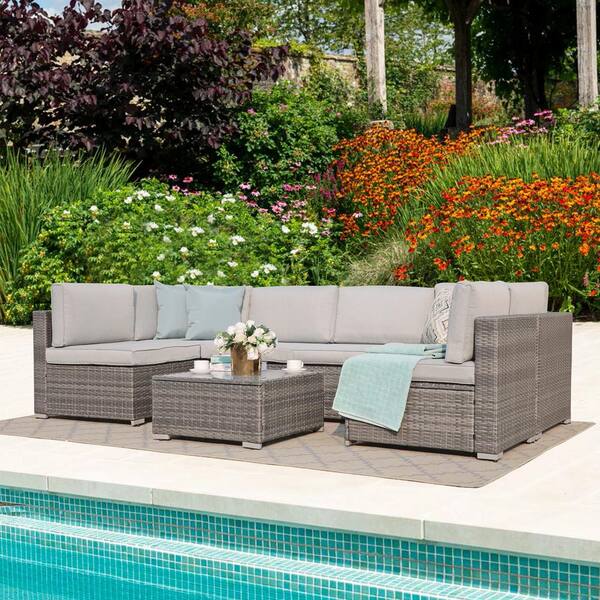 Freestyle 7-Piece Wicker Grey Outdoor Patio Conversation Sectional Seating Set with Light Grey Cushions