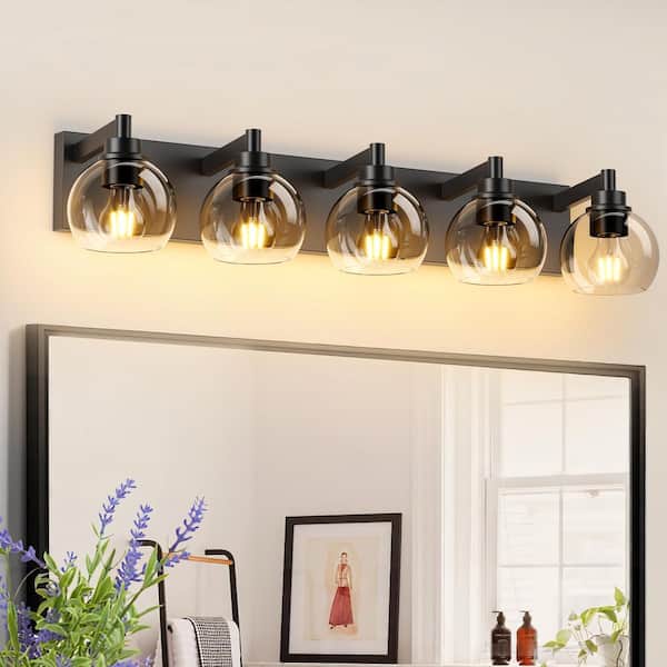 34 in. 5-Light Modern Matte Black Wall Sconce With Clear Glass Shade For Bathroom, Entryway