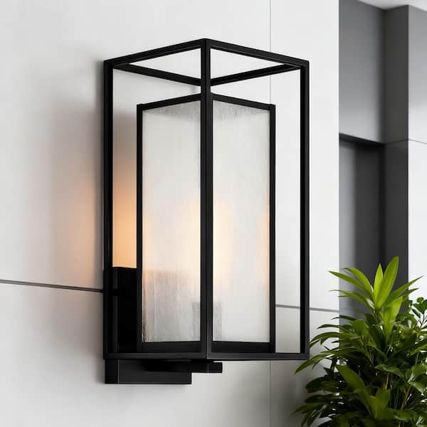18 in. H 1-Light Matte Black Hardwired Outdoor Wall Light Lantern Porch Sconce with Seedy Glass Shade (2-Pack)