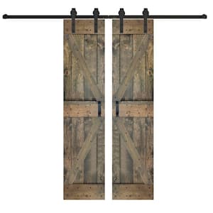 K Series 48 in. x 84 in. Aged Barrel Finished DIY Knotty Pine Wood Double Sliding Barn Door with Hardware Kit