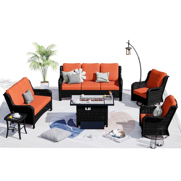 OVIOS Mercury Brown 6-Piece Wicker Patio Rectangle Fire Pit Conversation Seating Set with Orange Red Cushions