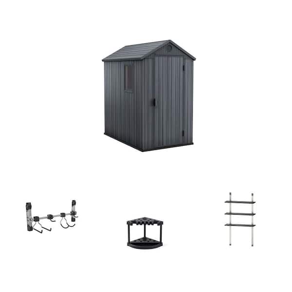 Darwin 4 ft. x 6 ft. Resin Shed, Black Shed Hook, 22 in. Corner Rack and 12 in. Adjustable Shelve Kit Combo