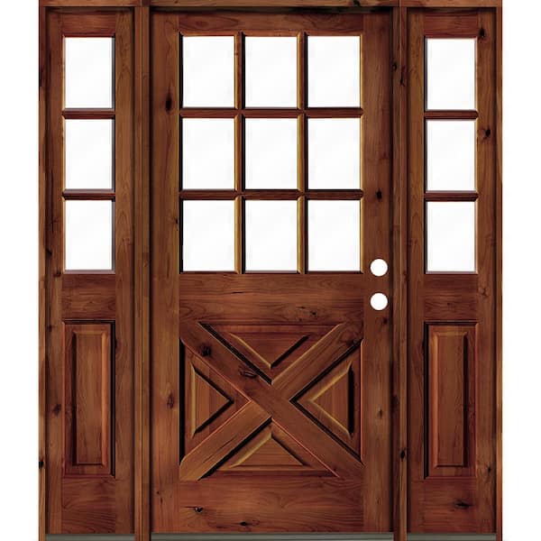 Krosswood Doors 60 in. x 80 in. Alder 2 Panel Left-Hand/Inswing Clear Glass Red Chestnut Stain Wood Prehung Front Door w/Double Sidelite