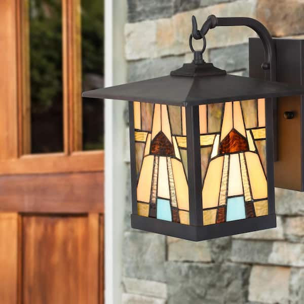 River of Goods Mission 1-Light Oil Rubbed Bronze Hardwired Outdoor Wall Lantern Sconce with Rich Brown Stained Glass
