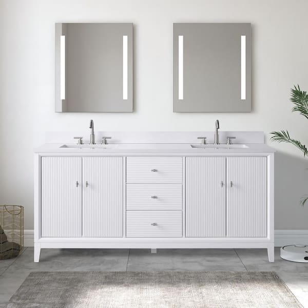 Vanity Art 72 in. W Double Sink Freestanding White Bath Vanity Cabinet with Ariston White Engineered Marble Top