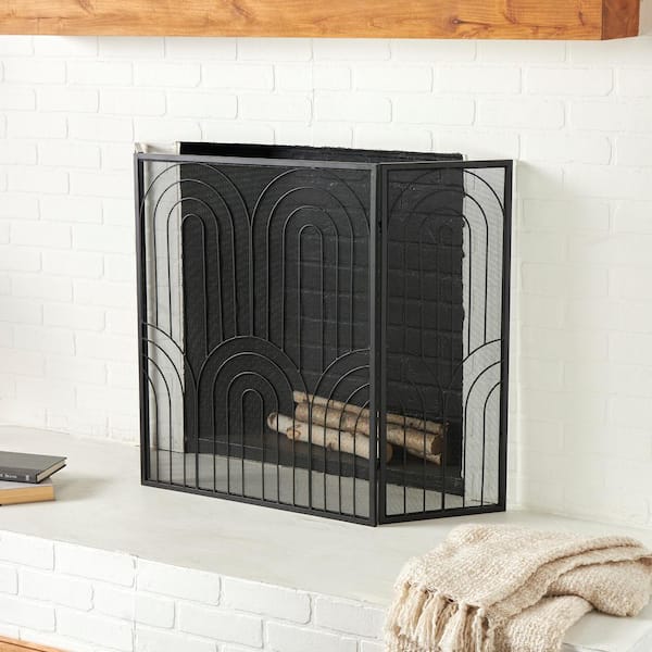 Litton Lane Black Metal Geometric Art Deco Inspired Foldable 3-Panel Fireplace Screen with Mesh Netting