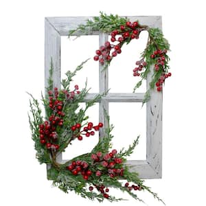 22 in. White Washed Window with Frosted Berries and Cedar Christmas Wall Decor